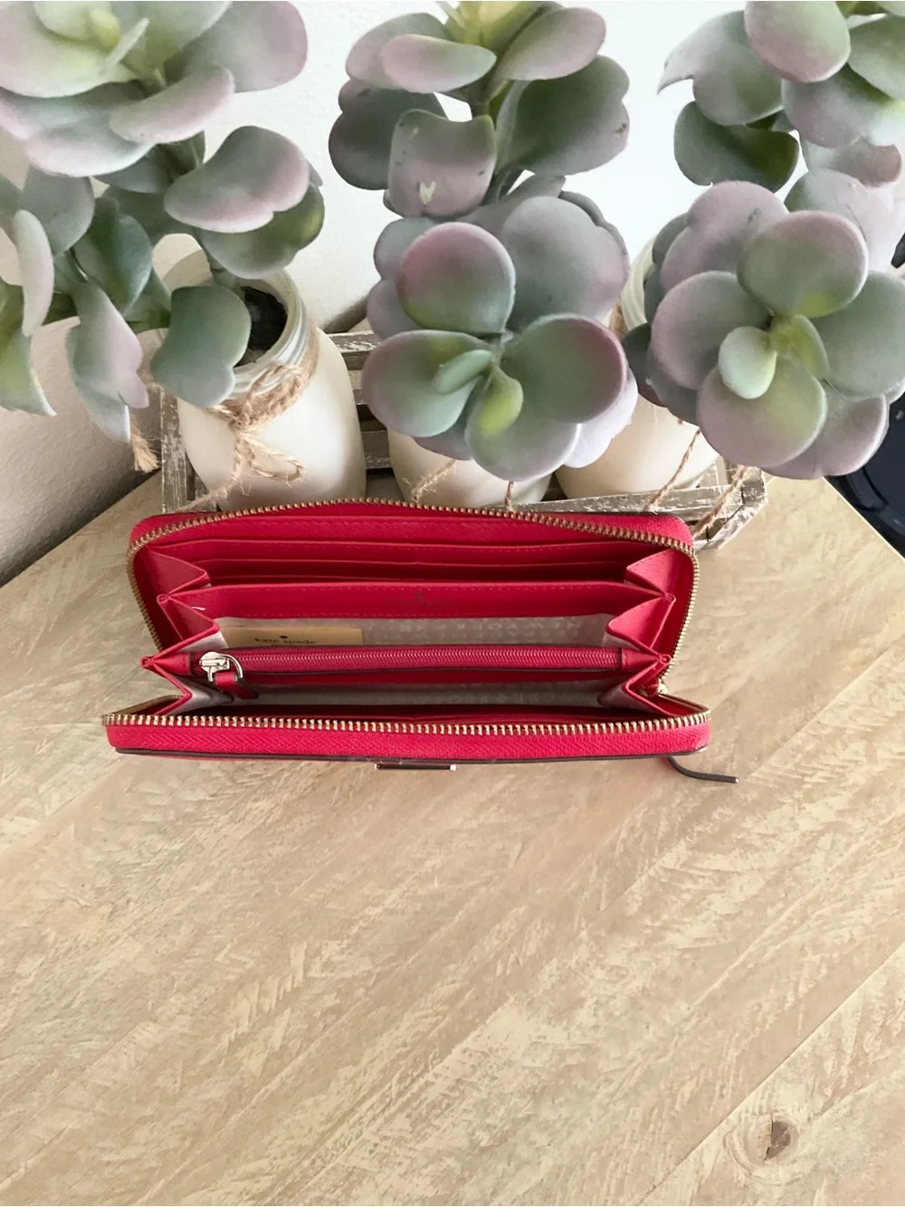 Kate Spade Bright Red Double-Zip Wallet with Gold Plate